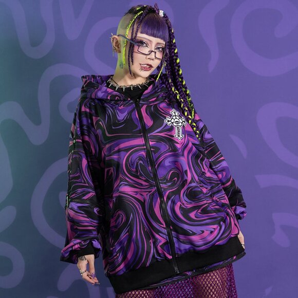 ACDC RAG - Chaaaos Psychedelic Purple Swirl Oversized Zip Up Hoodie - Picture 3 of 5
